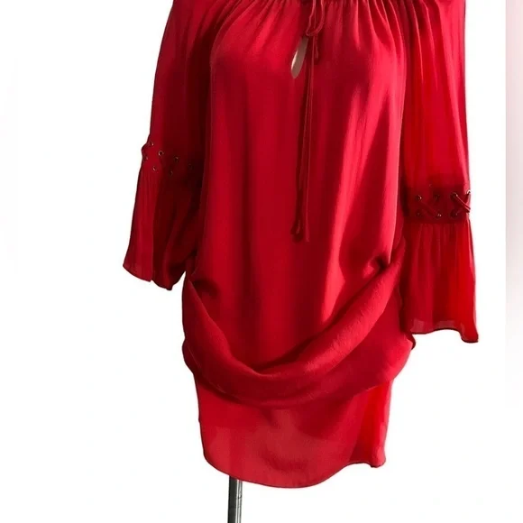 The Kooples Red Silk Drawstring Neck Keyhole Dress Originally $470.00